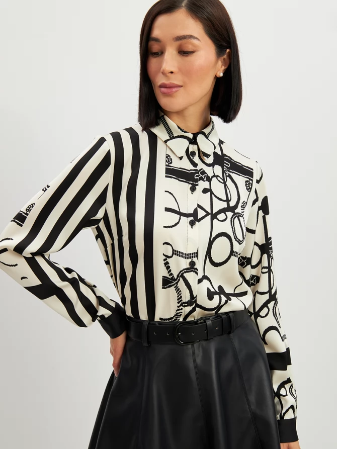 Блузка из атласной ткани  OD-887-1 черно-белая