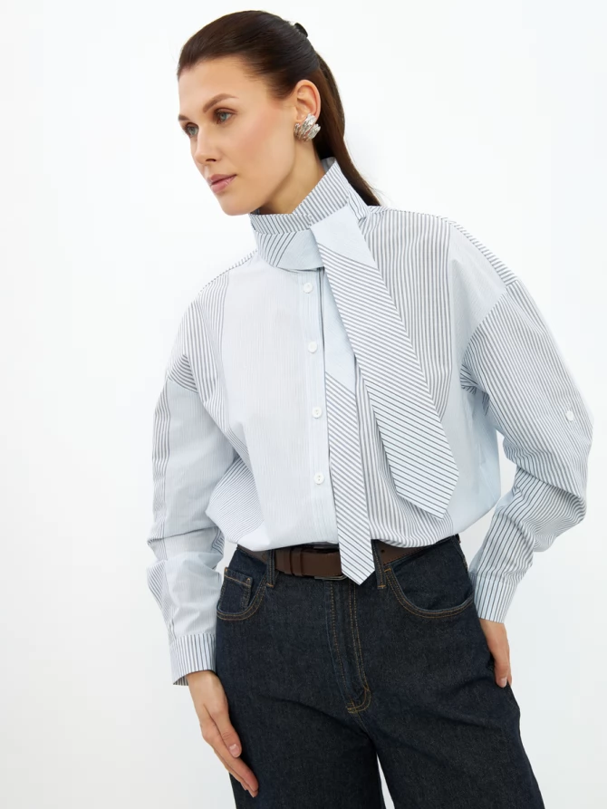 Рубашка полоса с галстуком OD-918-2 серо-голубая