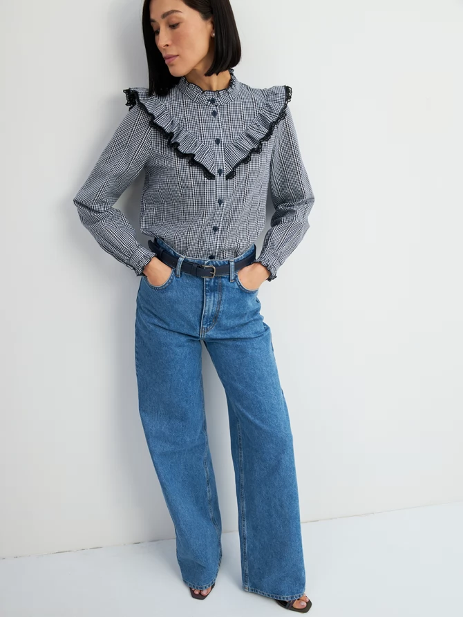 Блузка из хлопка с кружевом OD-896-2 сине- белая мелкая клетка