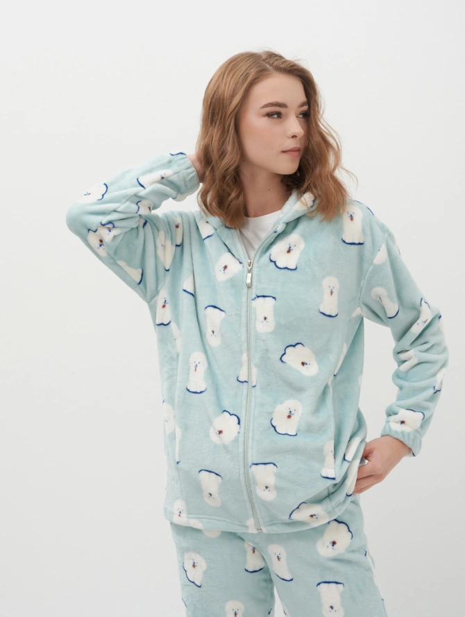 Худи оверсайз из плюша на молнии с принтом