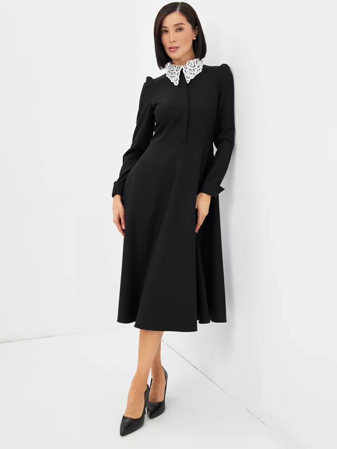 Платье с кружевным воротником потайная планка OD-886-1 черный