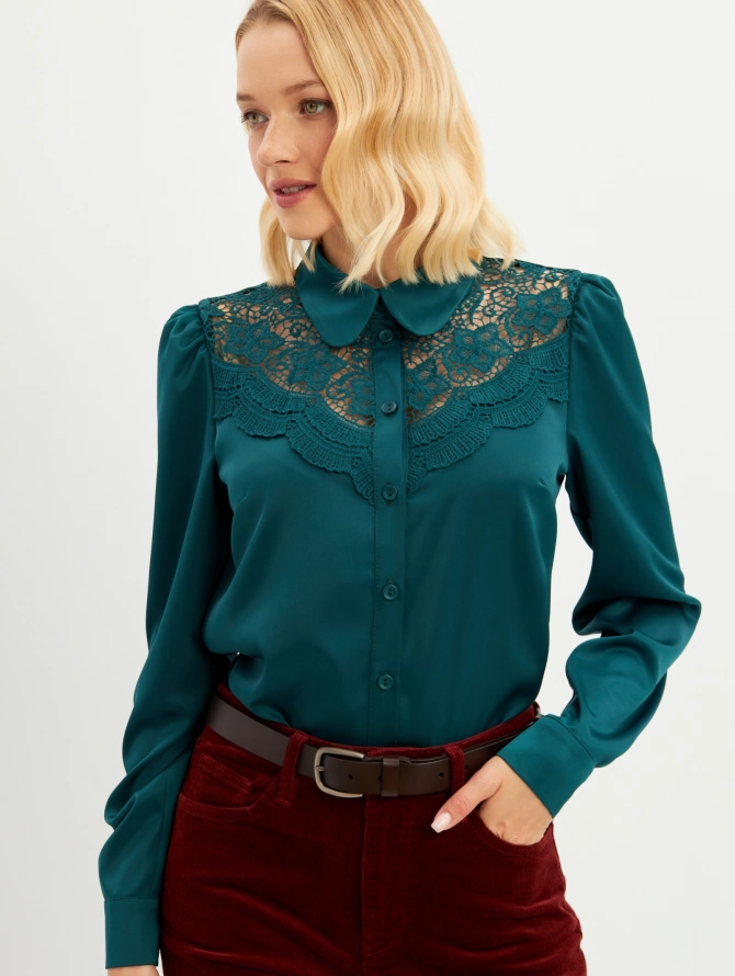 Блузка с кружевом на полочке OD-892-1 темно-зеленая
