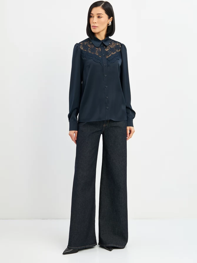 Блузка с кружевом на полочке OD-892-2 т.синий