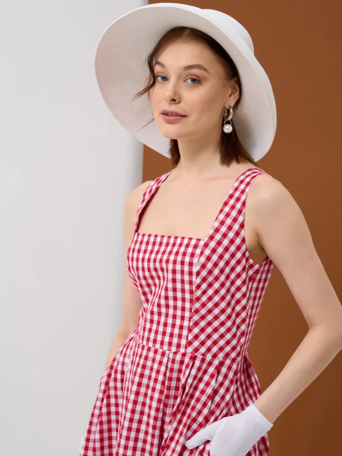 Платье хлопок OD-799-2 клетка красно-белая