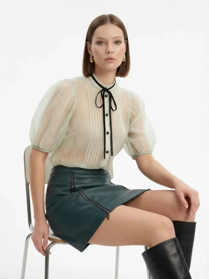 Юбка короткая из эко-кожи с молниями OD-1004-2 зеленый