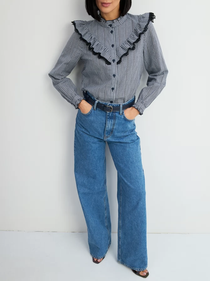 Блузка из хлопка с кружевом OD-896-2 сине- белая мелкая клетка