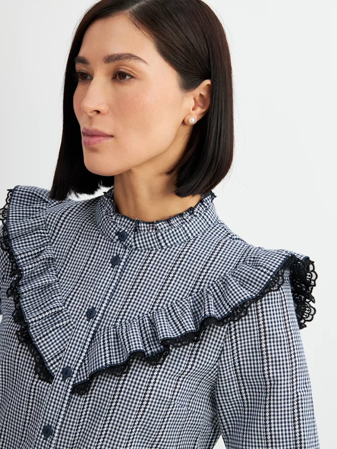 Блузка из хлопка с кружевом OD-896-2 сине- белая мелкая клетка