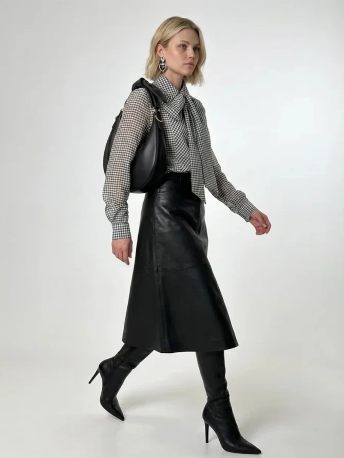 Блузка из органзы в клетку OD-984-2 коричневый с белым