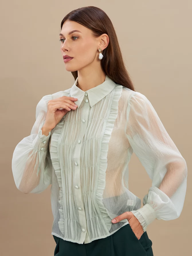 Блузка из органзы со сборкой OD-928-3 серо-зеленый