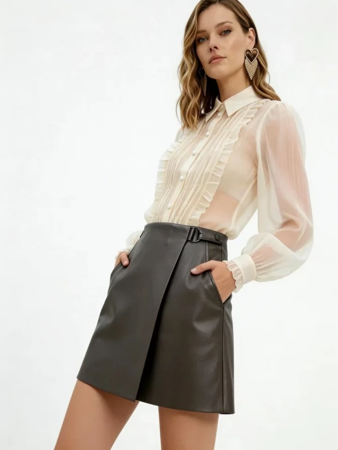 Юбка на запах из эко-кожи OD-1003-1 коричневый