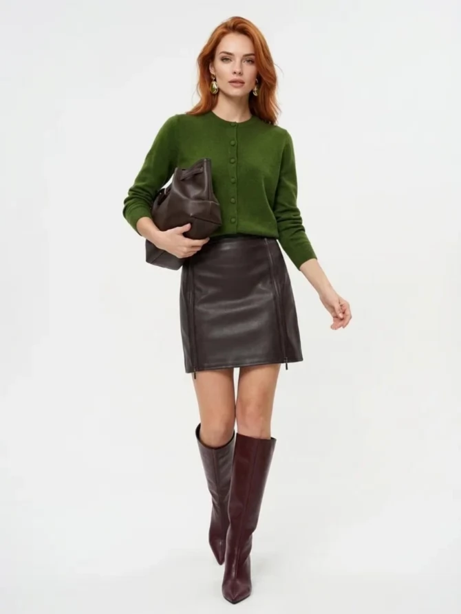 Юбка короткая из эко-кожи с молниями OD-1004-1 коричневый