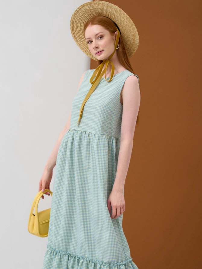 Платье хлопковое А-силуэта в желто-голубую клетку OD-792-1