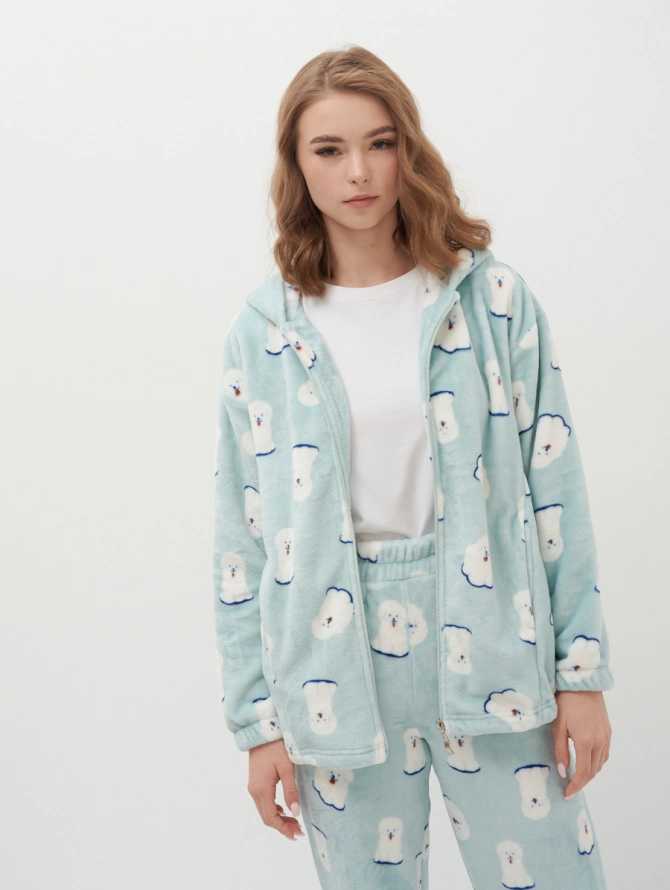 Худи оверсайз из плюша на молнии с принтом