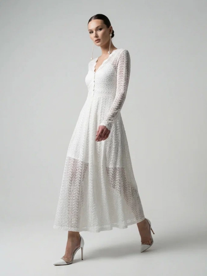 Платье из трикотажного кружева на подкладке с V-образным вырезом, белое OD-1017-2