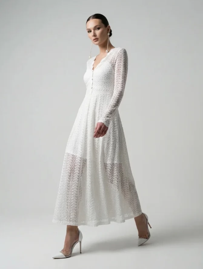 Платье из трикотажного кружева на подкладке с V-образным вырезом, белое OD-1017-2