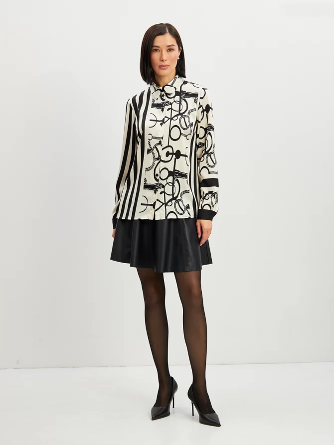 Блузка из атласной ткани  OD-887-1 черно-белая