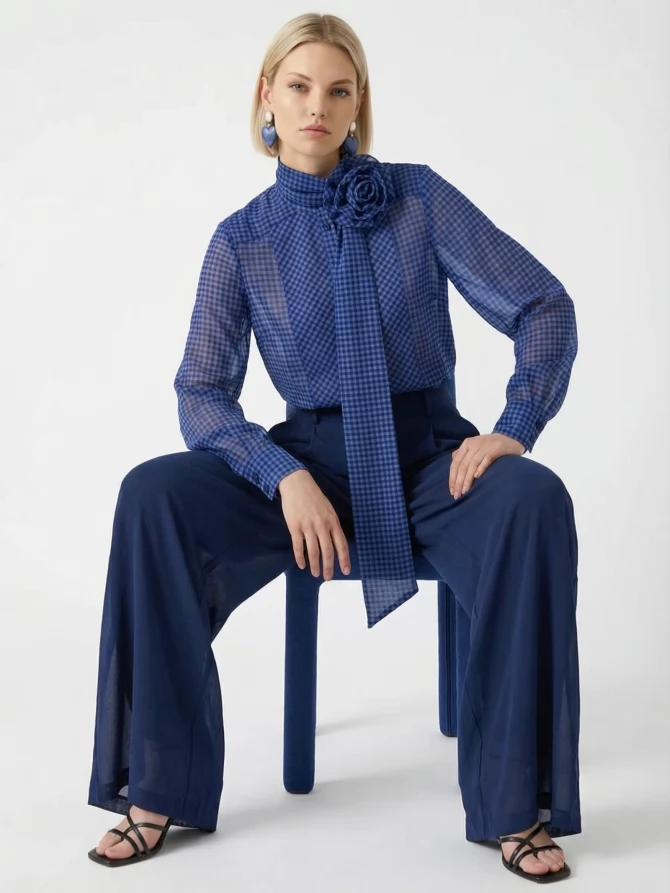 Блузка из органзы в клетку OD-984-1 фиолетовый с черным