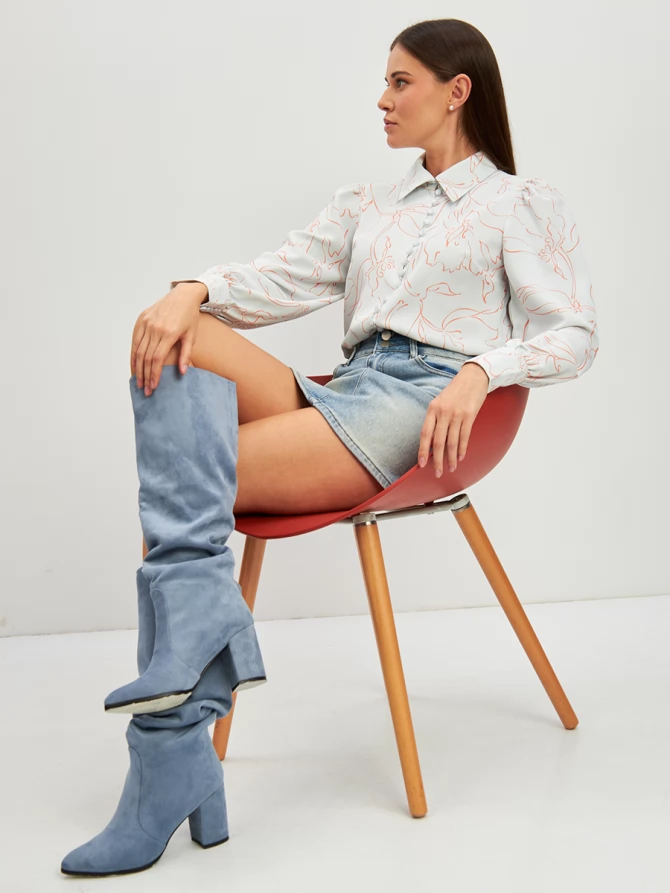 Блузка с принтом OD-639-26 голубая оранжевый цветок