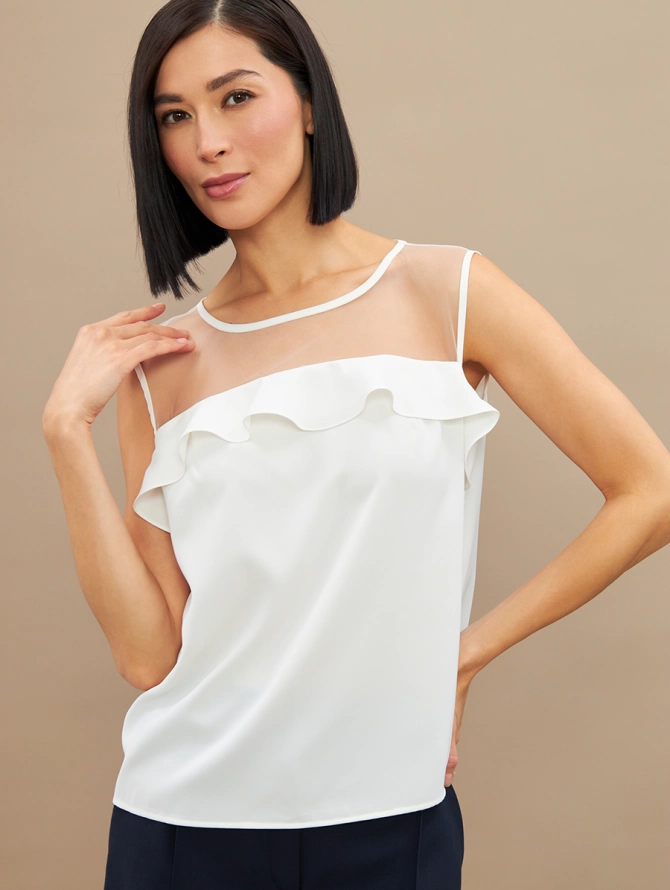 Блузка без рукавов с сеткой и воланом, белая