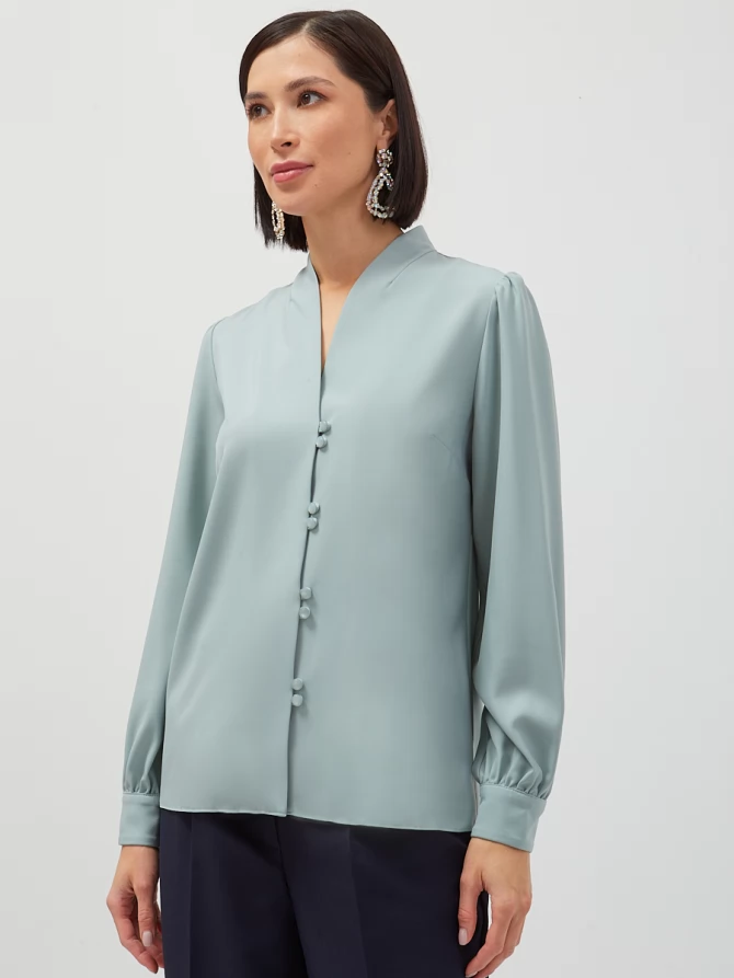 Блуза прямого кроя с V-образным вырезом и пышными рукавами