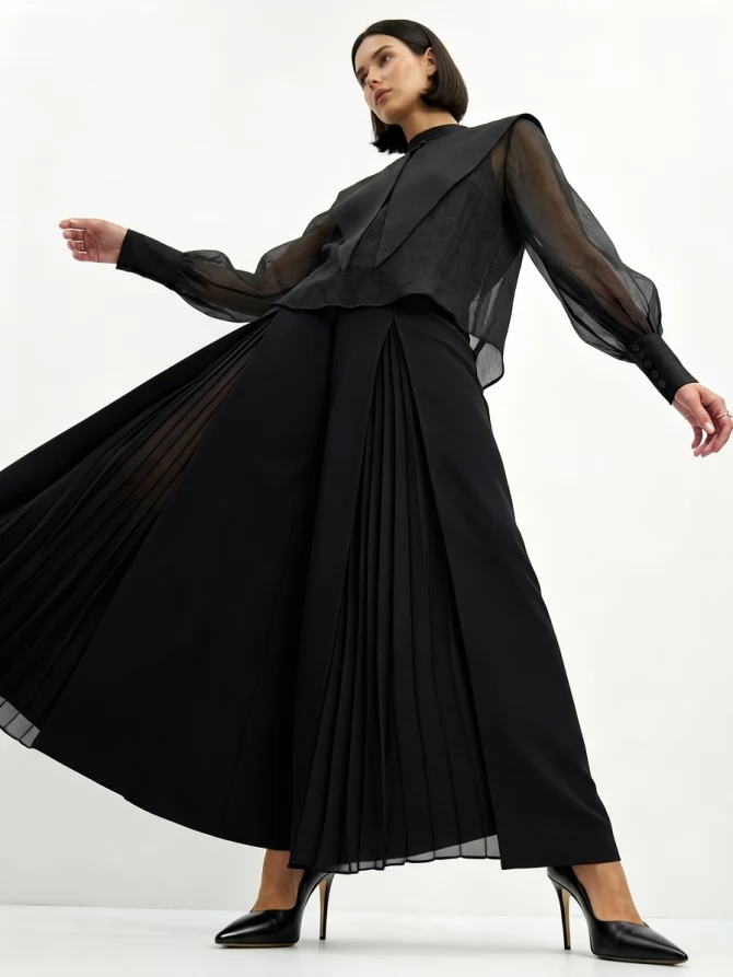 Блузка из органзы со съемным воротником OD-930-3 черный