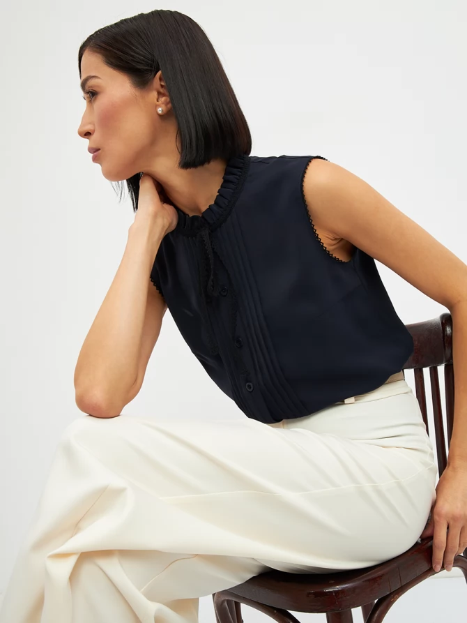 Блузка без рукавов с отделкой из тесьмы OD-973-2 т. синий