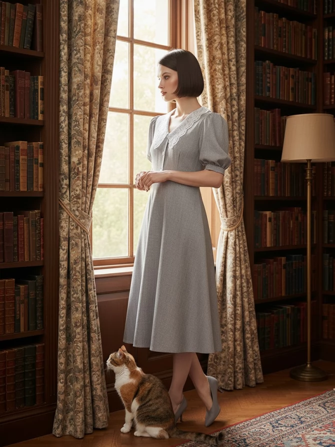 Платье с кружевным воротником  OD-888-2 св.серый