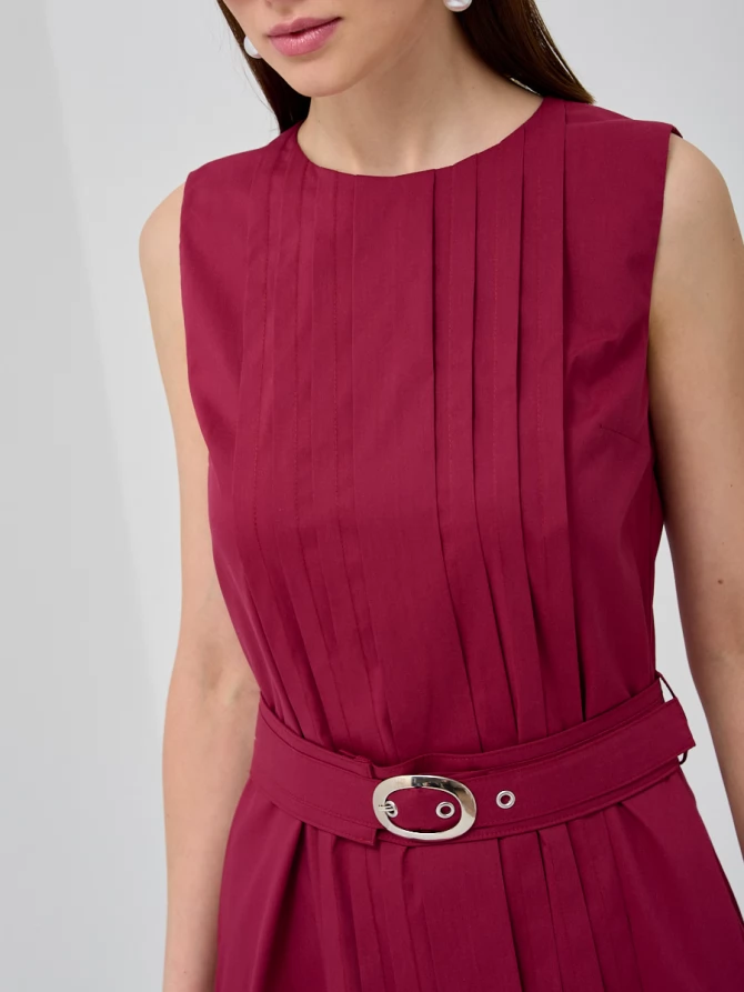 Платье хлопковое с поясом бордовое