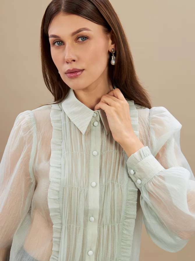 Блузка из органзы со сборкой OD-928-3 серо-зеленый