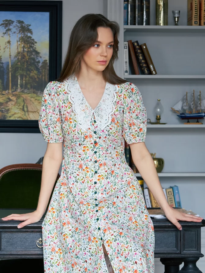 Платьеиз хлопка с кружевным воротником  OD-948-1 желтые цветы на белом