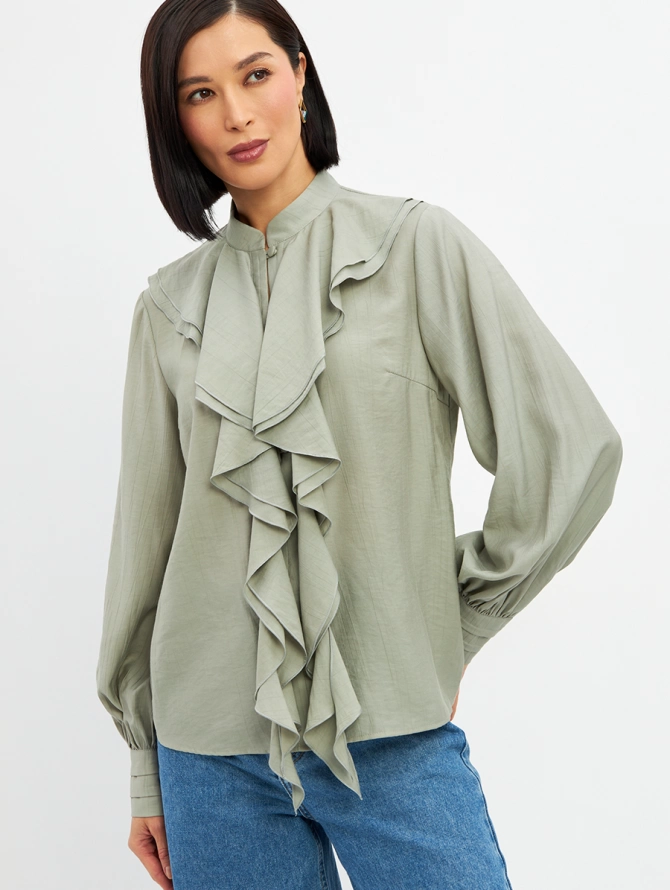 Блузка с отлетными рюшами, цвет полынь