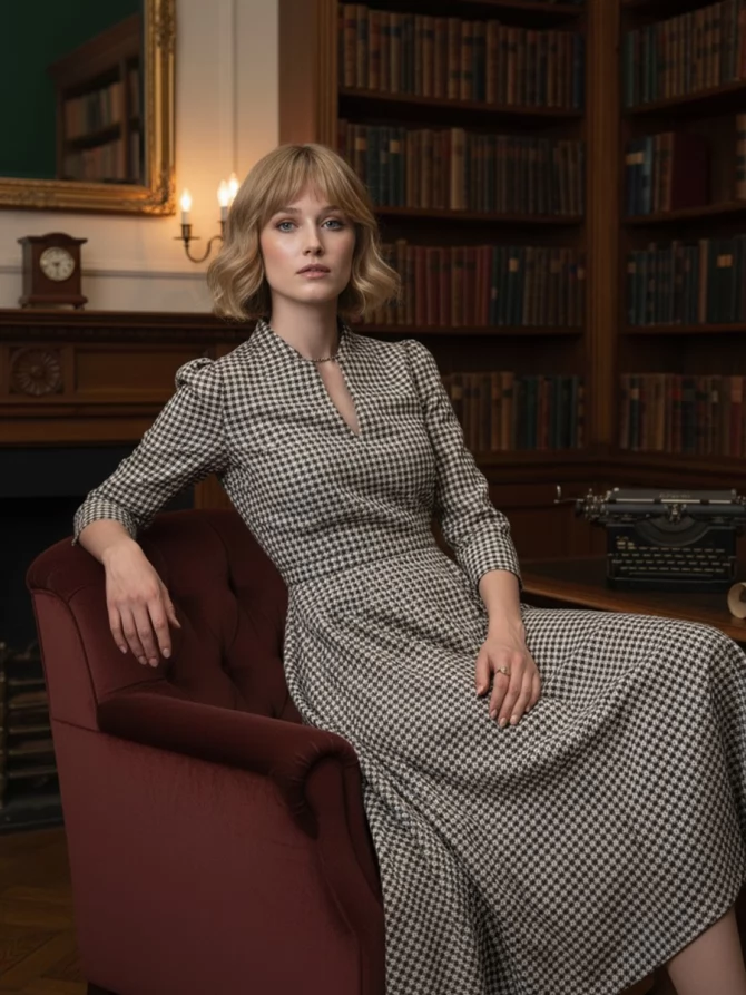 Платье с воротником стойка  OD-885-2 клетка сливочно-коричневая