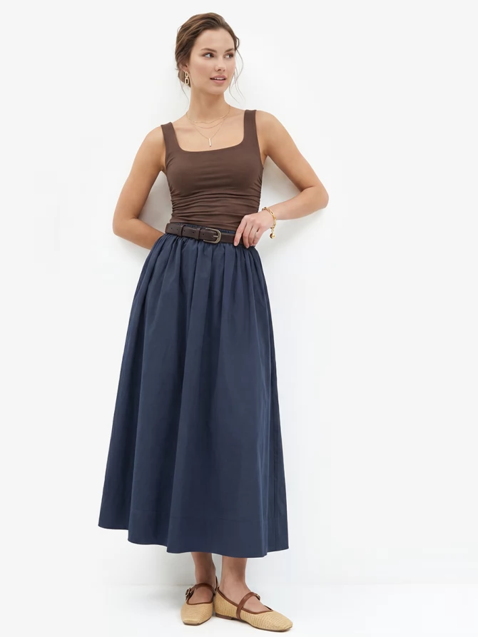 Юбка макси из 100% хлопка со сборкой, темно-синяя