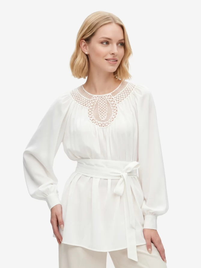 Блузка с кружевной вставкой и поясом-кушаком OD-1028-1 белый