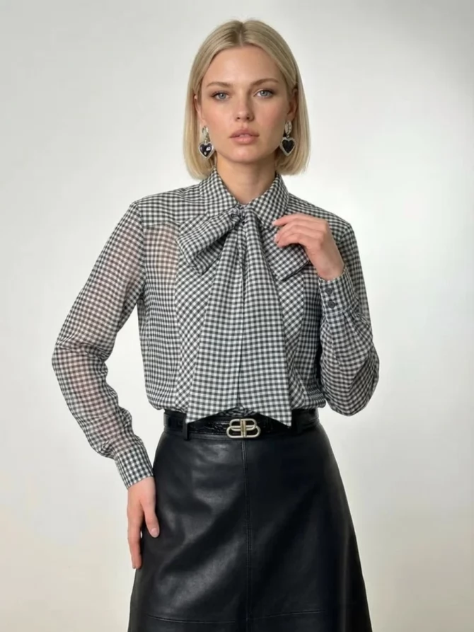 Блузка из органзы в клетку OD-984-2 коричневый с белым