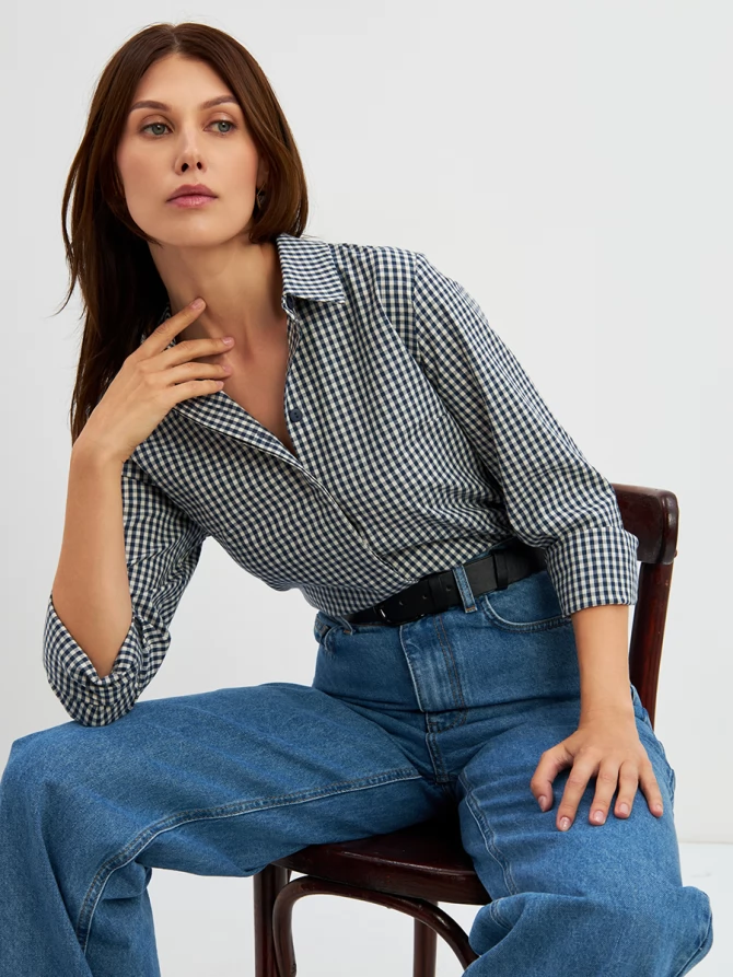Блузка классик с контраст.стойкой OD-737-17 синяя клетка