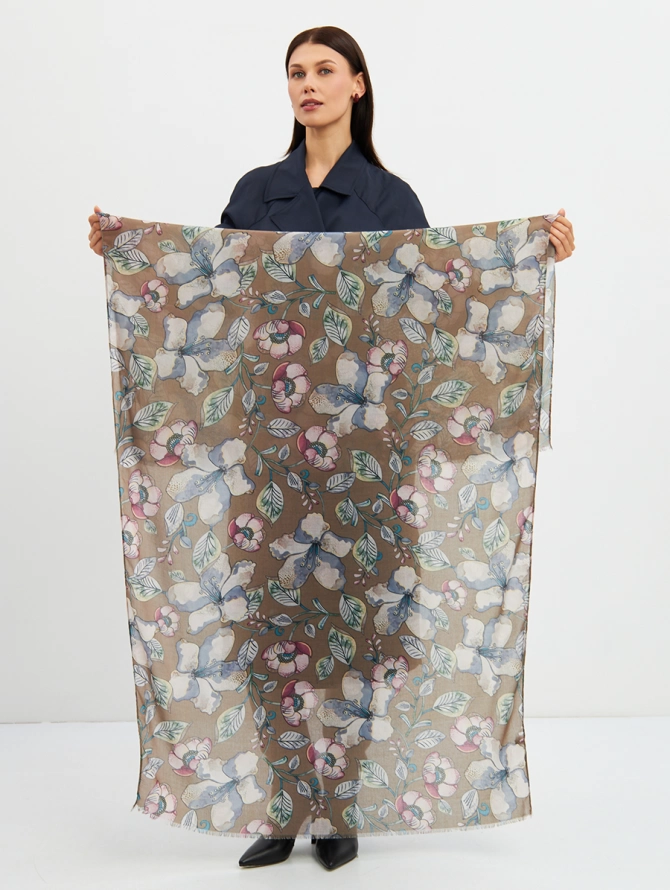 Палантин женский с цветочным принтом и бахромой KSH25-K1258