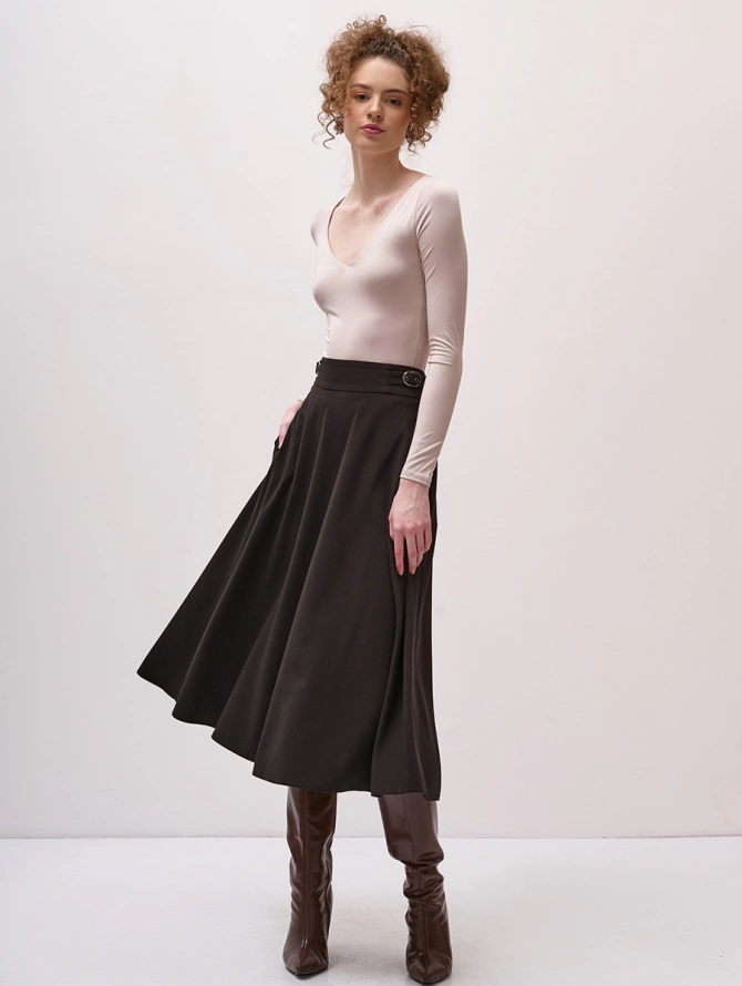 Юбка-колокол со сложным поясом OD-826-2, черно-коричневая
