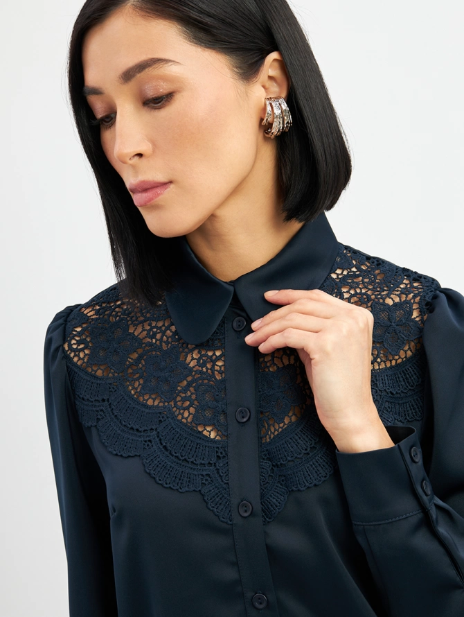 Блузка с кружевом на полочке OD-892-2 т.синий