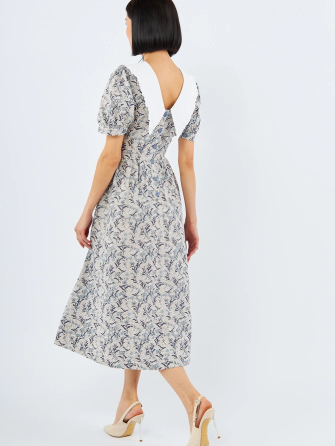 Платье из хлопка с большим контрастным воротником OD-935-3 цветы на бежевом