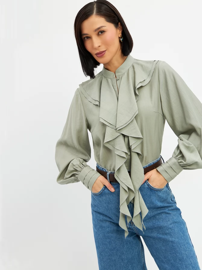 Блузкас отлетными рюшами OD-914-3 полынь