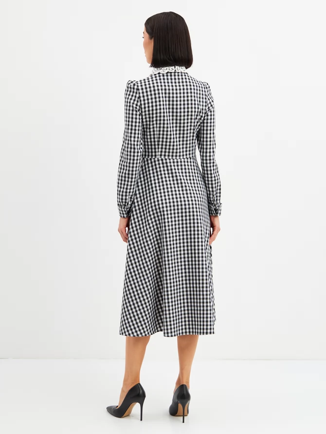 Платье с кружевным воротником потайная планка OD-886-2 ч/б клетка