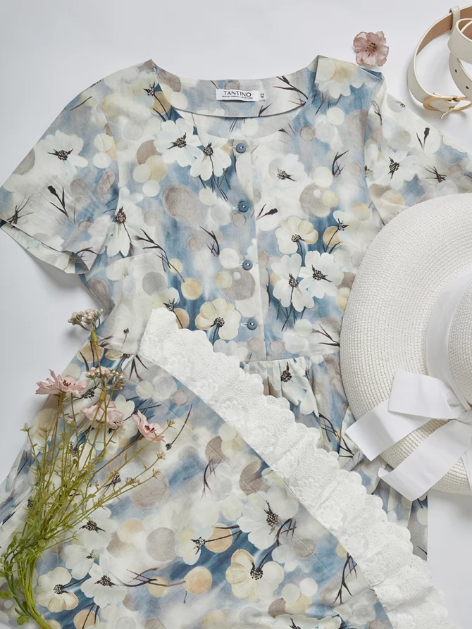 Платье из хлопка без воротника OD-727-9 крупные цветы на белом