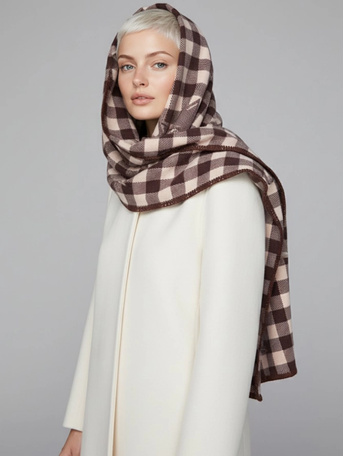 Палантин женский теплый мягкий клетчатый двусторонний