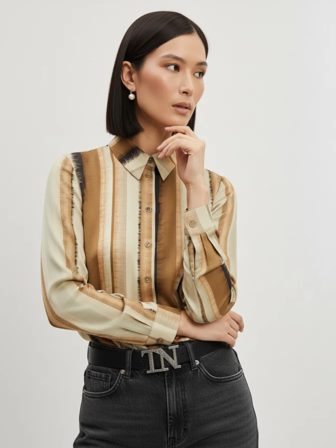 Блузка из атласной ткани OD-887-6 коричневый с серой полосой