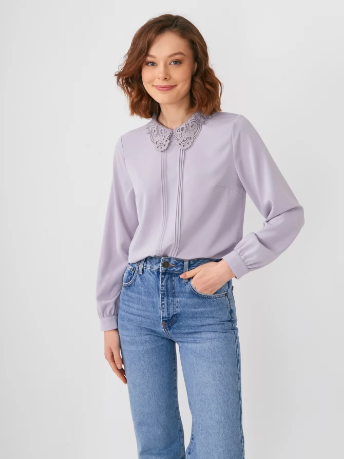 Блузка с кружевным воротником OD-861-4 светло-сиреневая