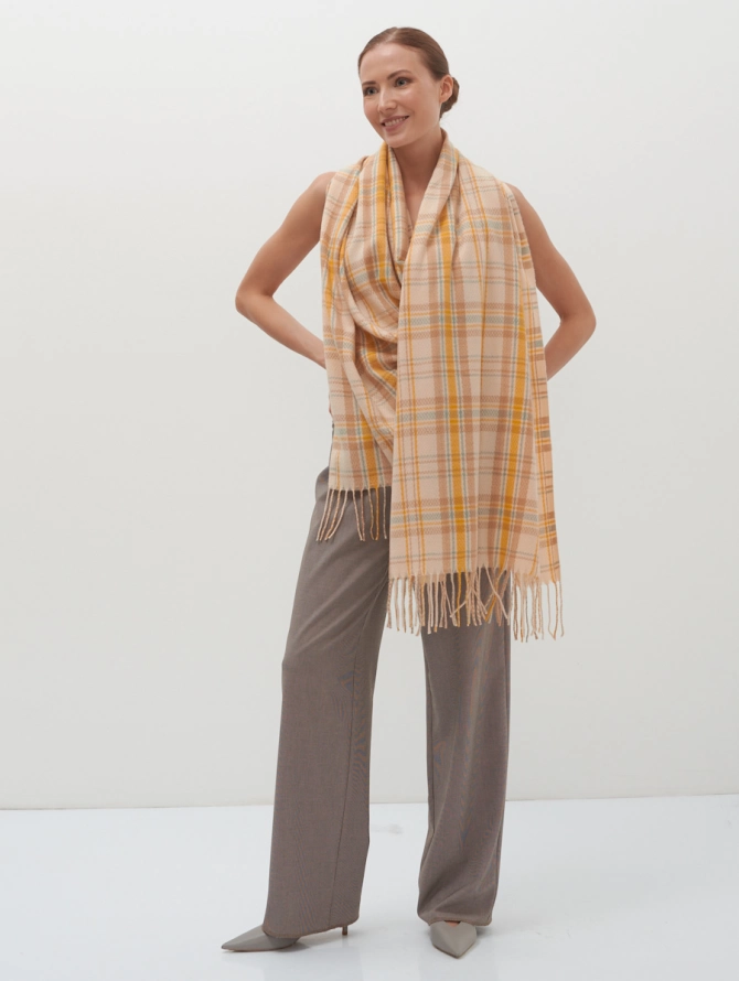 Палантин двусторонний в пастельную клетку с бахромой RH8-14516-3