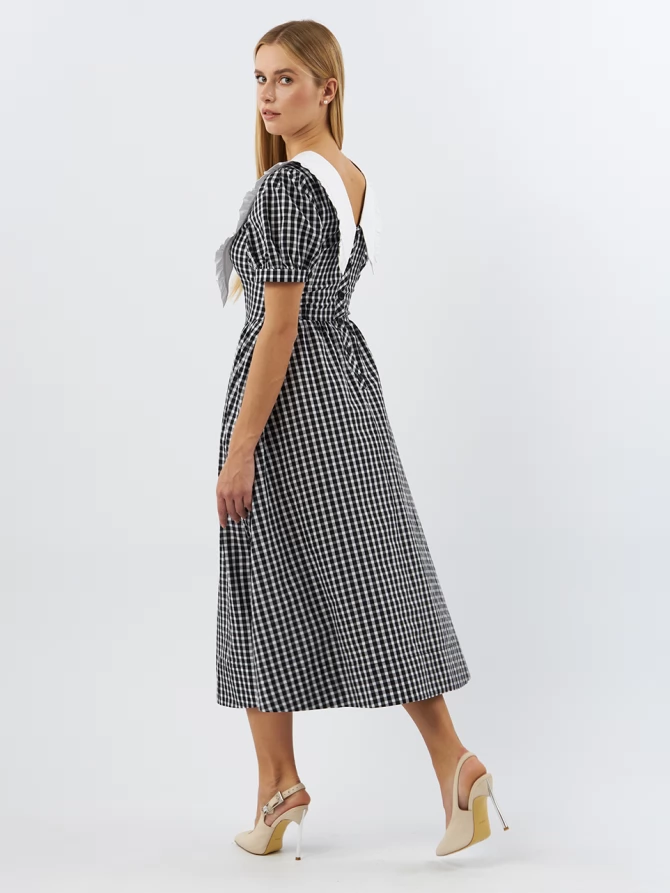 Платьеиз хлопка с большим контрастным воротником OD-935-1 клетка ч/б