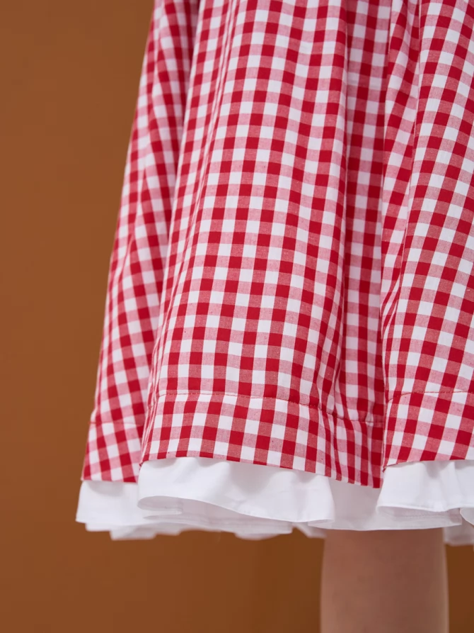 Платье хлопковое х-силуэта в красно-белую клетку