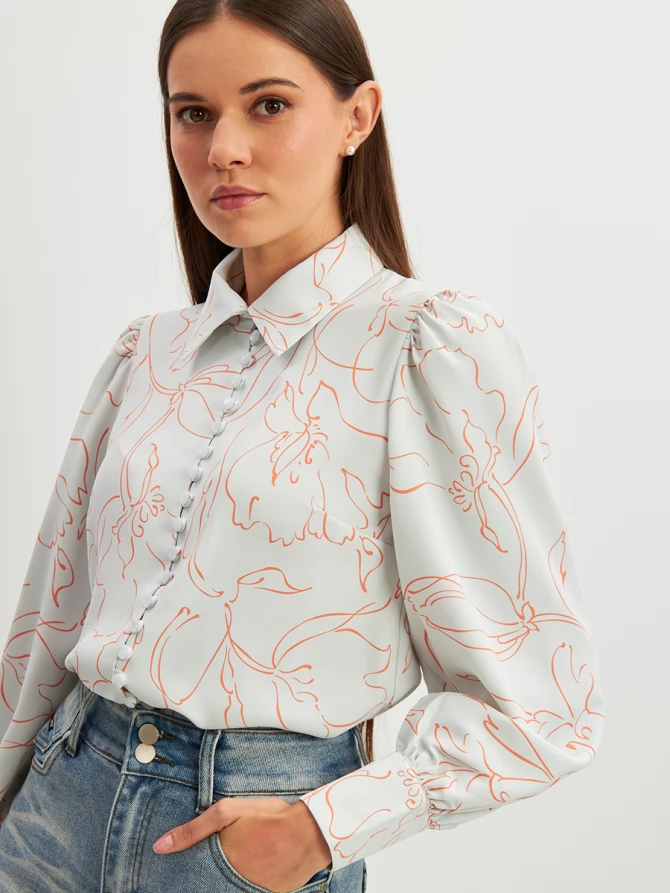 Блузка с принтом OD-639-26 голубая оранжевый цветок